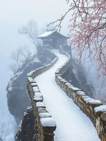 雪白平桥连接山崖