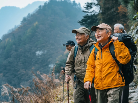 中国老年人在山中旅行
