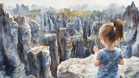 女孩画石林