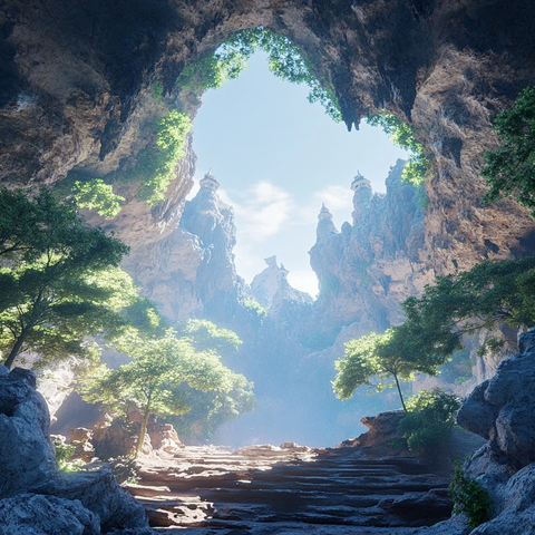 洞穴入口与三塔