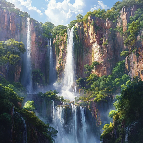 瀑布从岩石悬崖上倾泻而下