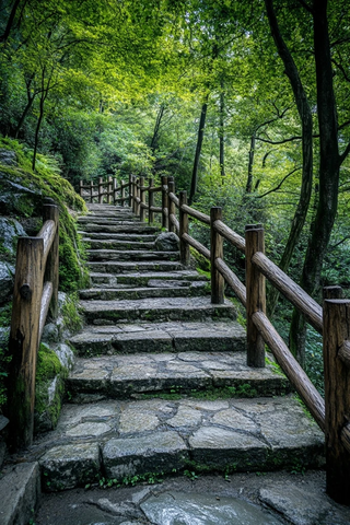 木制护栏石阶森林