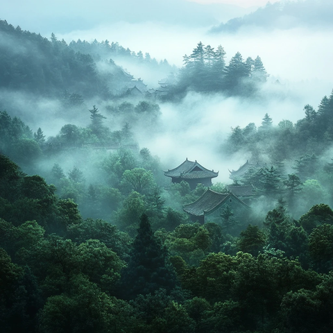 迷雾中的绿色森林与远方村庄