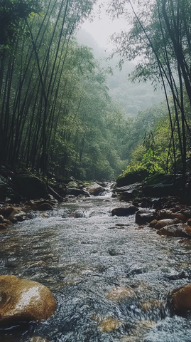 竹林雨中山溪