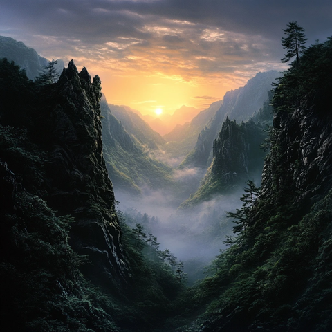 日出山间雾深林