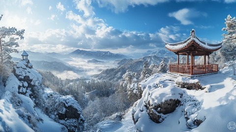 山顶亭台冬日全景