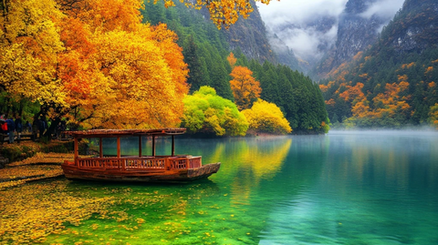 秋叶碧水木舟映天