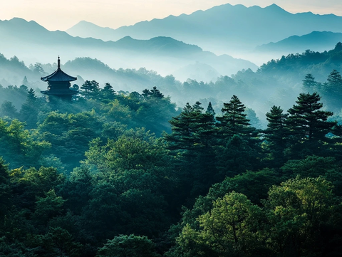森林中的日出与山景