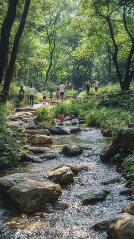 夏日森林小溪与游人