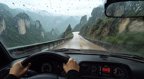 驾驶者手握方向盘行驶山路