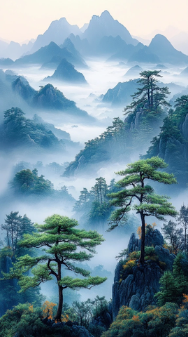 山间晨雾松涛鸟鸣