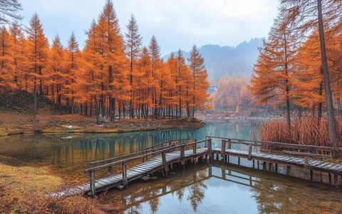 金松红杉林间木桥