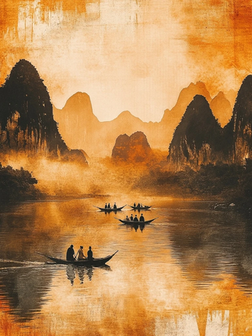 小船行于山水间