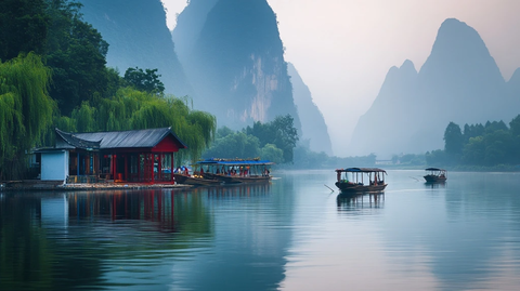 漓江竹筏渔舟晚霞