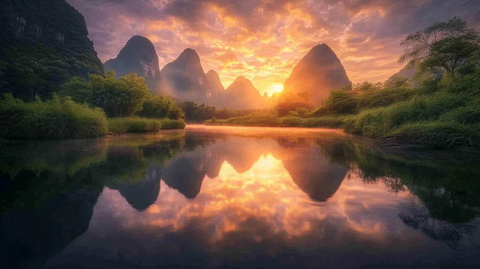 日落云影映长河