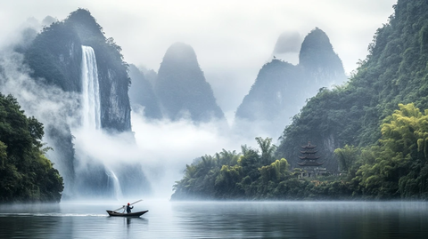 瀑布下渔舟独行