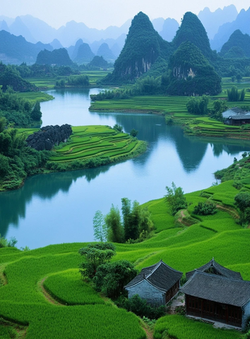 稻田环绕的湖中岛