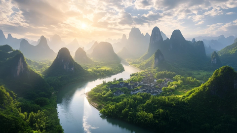 金色阳光照耀青山白云