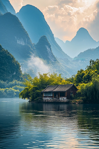 漓江山水下的房屋