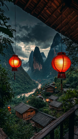 千户苗寨雨中红灯笼