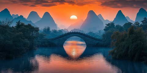 中式拱桥与远山日落