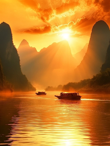 三峡阳光下的船只与山水