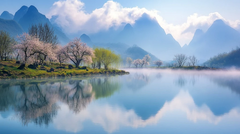 江南湖泊雨后仙境