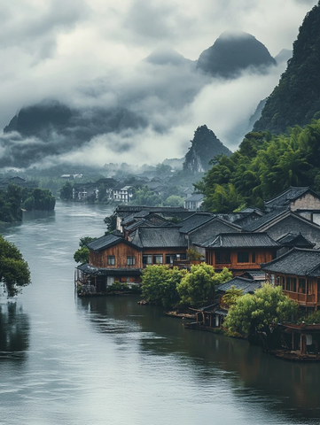 桂林山水村屋河岸