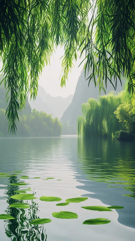 湖光山色映晨光