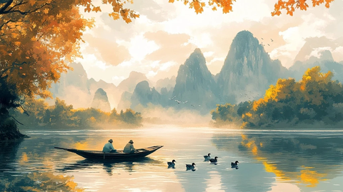 渔民竹船钓鱼鸭游河