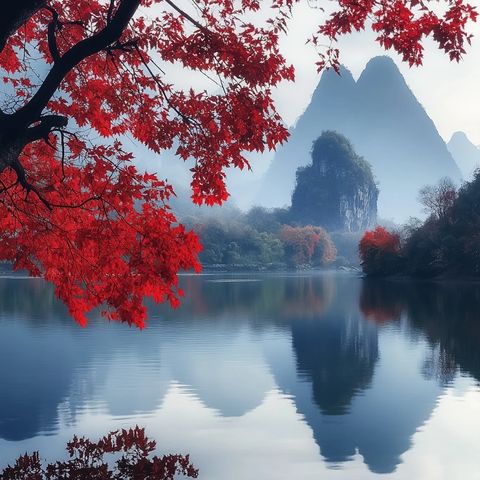 漓江秋色红枫映山