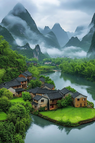 春雨中的山谷村庄