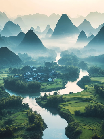 稻田与村落沿河分布