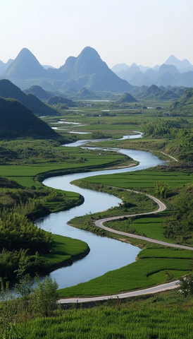河流蜿蜒穿过稻田