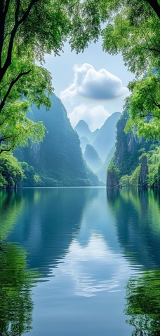 蓝天白云青山绿水彩虹柏树