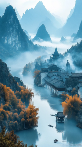 晨雾中的神话山峦