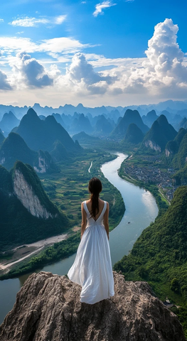 女孩站在山顶回望