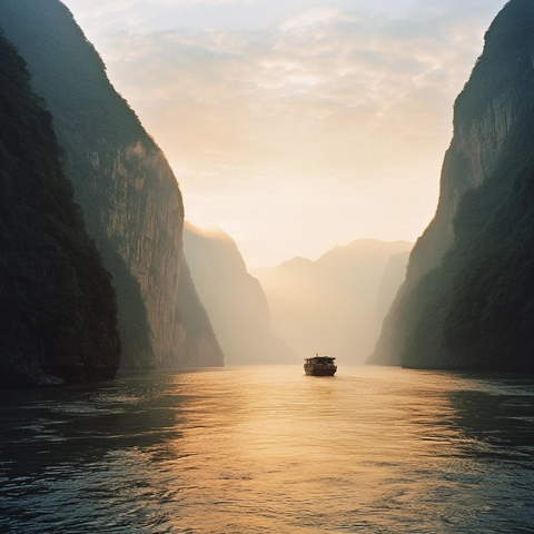 三峡峡谷日落船影