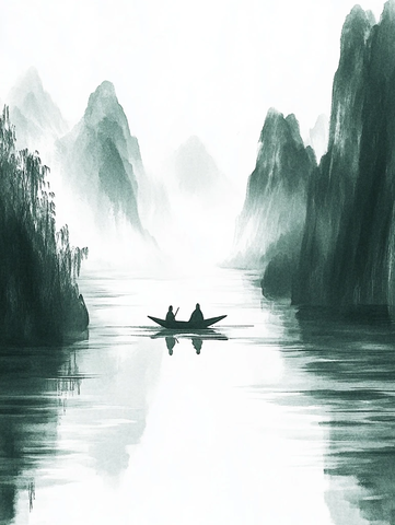 两人划船山水画