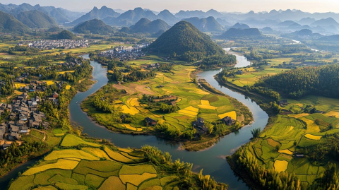 稻田与河流的鸟瞰图