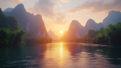 日落下的河流与山峰