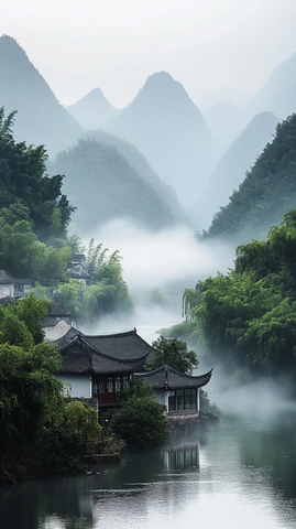 白雾笼罩山水间