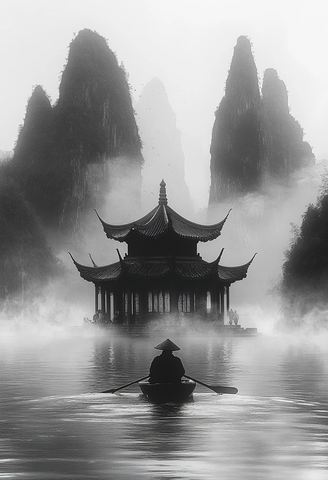 老人划船过亭台