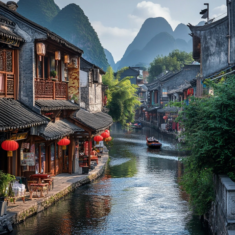 古建筑店铺与桂林山水