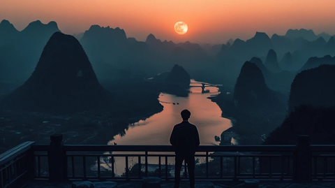 满月下的青年俯瞰山河