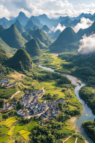 山巅俯瞰河流蜿蜒