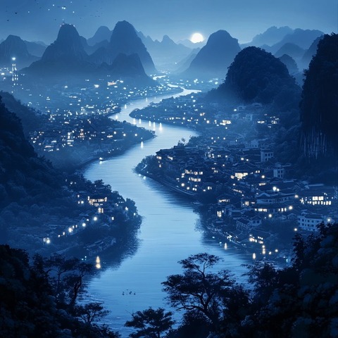 山脉河流城市夜景