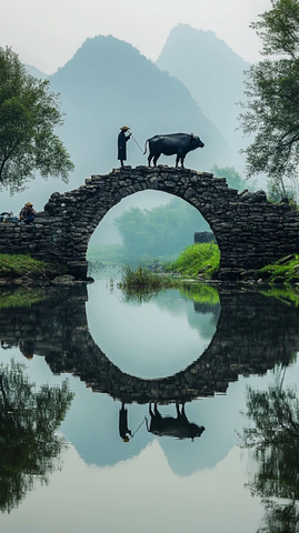 老人与牛桥上钓鱼