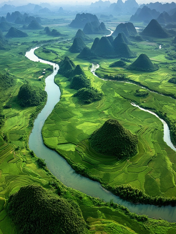稻田与河流环绕的山脉