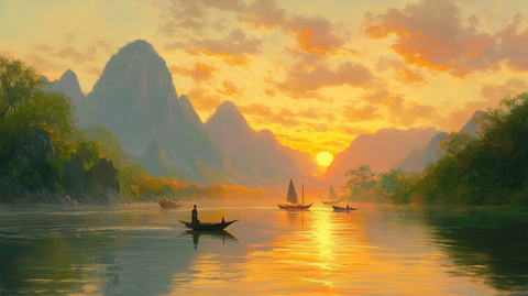 日出河面僧人观山